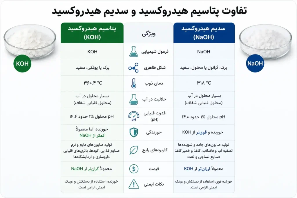 تفاوت پتاسیم هیدروکسید و سدیم هیدروکسید
