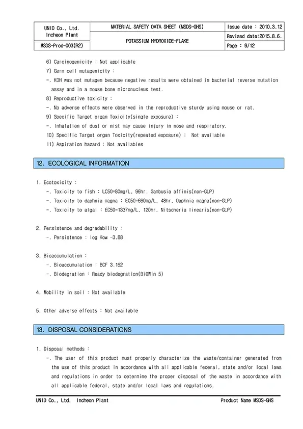 MSDS پتاسیم هیدروکسید صفحه 9